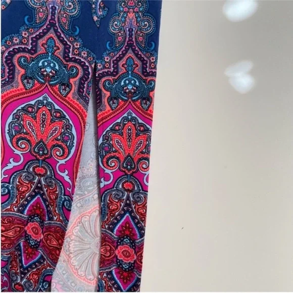 Adrianna Papell maxi dress blue pink paisley sleeveless stretchy side splits - Picture 3 of 7